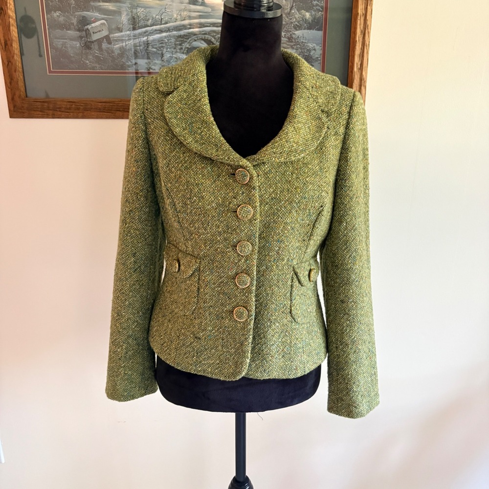 Ann Taylor LOFT Petites Green Donegal Tweed Wool Blend Blazer Jacket 8P